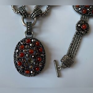 Vintage Marcasite & Red Cabochon Jewelry Set | Necklace Bracelet Earrings